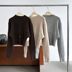 Hnewly Cinched Waist Sweater for Women Pullovers Long Sleeve Mock Neck Plain Knitted Jumper with Zip Front Trendy Fall Winter Outfit