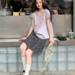 Hnewly Vintage Floral Skirt Women Japanese Style Elegant Sweet Mid Skirt Black Harajuku Y2k Fashion Short Skirts Aesthetics