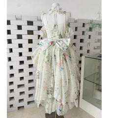 Hnewly Sweet Lolita Dress Green Layered Ruffle Dress with White Lace Trim and Bows Cosplay Costumes with Choker Party Flower Dress