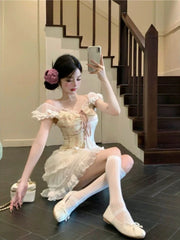 Hnewly Sweet Kawaii 2 Piece Skirt Sets Women Casual Y2k Corset Tops + Lace Mini Skirts Japanese Lolita Suits Female Elegant Clothing