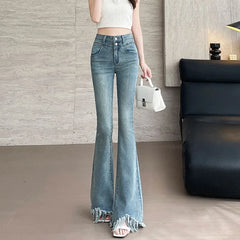 Hnewly Women's High Waist Fringe Flare Jeans Spring Summer Slim Fit Denim Trousers Raw Hem Bootcut Long Pants