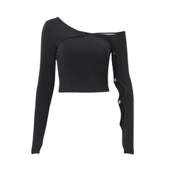 Hnewly Sexy Oblique-neck Long Sleeve T Shirt Y2K Spring Women Hollow Out Off Shoulder Bodycon Crop Top Casual Streetwear Tees