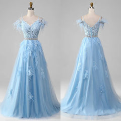 Lunivop High Quality Customized V-neck Backless Feathers Floor Length Blue Appliques Lace Belt Thin Suspenders Sleeveless Party Dresses