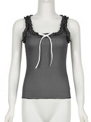 Hnewly Sweet Bow Ruffles Plaid Tank Top Slim Square Collar Sleeveless Tank Tops Women 2024 Summer Fashiion Streetwear Ladies