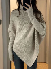 Hnewly High Neck Irregular Sweater Women's Autumn Winter Korean Version Loose Soft Knitted Top Elegant Long Sleeved Pullover