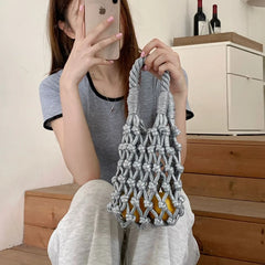 Hnewly Ins Hollowed Out Handmade Handbag Cotton Crochet Rope Woven Tote Bag Casual Versatile Vacation Beach Grass Bags
