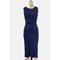 Hnewly Solid Color Simple Officewear Dress for Woman New O Neck Sleeveless Tied Waist Side Slit Elegant Long Dresses