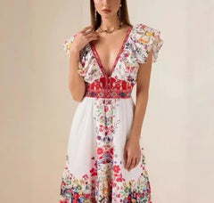 Hnewly New Women's Elegant Deep V - Neck Dress Flutter Sleeve and Floral Pattern Sleeveless Ruffle Vintage Maxi Dress