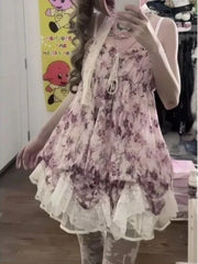 Lunivop Vintage Harajuku Lace Pleated Drastring Sling Dress Y2k Japanese Sweet Lolita Cute Flower Print Puffly Dresses Punk Girl Clothes