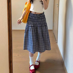 Hnewly Korean Elastic High Waist Plaid Skirt Women Summer Patchwork Sleeveless A Line Dress Woman Chic Pleated Midi Skirts Female