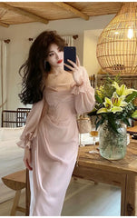 Hnewly Autumn Solid Elegant Fairy Dresses Women Casual Party Fashion Korean One Piece Dress Female Lace Vintage Chic Midi Dresses