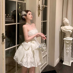 Hnewly Elegant Bow Mini Dress Women Fairy Party Prom Lace Strapless Dresses Summer Korean Sexy Backless Bodycon A Line Vestidos