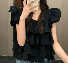 Hnewly Black Ruffles Blouses Women Kawaii Vintage Flying Sleeve Korean Style Personality Girlish Harajuku Streetwear Daily Summer Tops