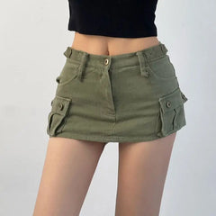 Hnewly Denim Cargo Mini Skirt Women Korean Style Low Waist Slim Sexy Vintage Streetwear Green Jean Skirt Y2k Girl Summer
