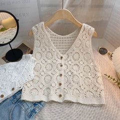Hnewly Women Summer Hollow Out Knit Vest French Style V-Neck Sleeveless Hooked Flower Sweater 2023 New All-Match Outwear Short Top
