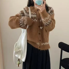 Hnewly Fair Isle Sweater Cardigan Women Long Sleeve Button-Up Crewneck Knitted Jacket Cardi Female Knitwear Fall Winter Vintage Outfit