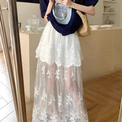 Hnewly Lace Splicing Lace Half Skirt Design Summer New High Waist Slimming Mesh Long Skirt