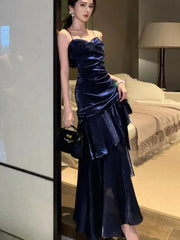 Hnewly Women Blue Elegant Sexy Long Dresses French Pleated Slip Sleeveless Prom Vestidos Birthday Evening Party Dress