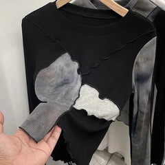 Hnewly Vintage Tie Dye Patchwork T Shirts Women Korean Chic Female Long Sleeve O Neck Tops Y2K Autumn Slim All Match Crop Tees Mujer