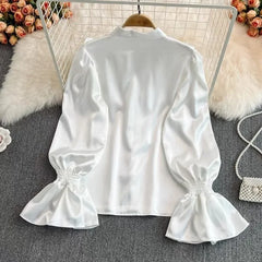 Hnewly Vintage Solid Blouses Women Elegant Acetate Satin Stand Collar Flare Sleeve Design New Chic Sweet Loose Ruffles Female Mujer