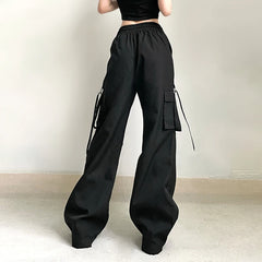Hnewly Black Baggy Cargo Pants Harajuku Low Rise Loose Straight Pants Korean Style Streetwear y2k Trousers Aesthetic Women Basic