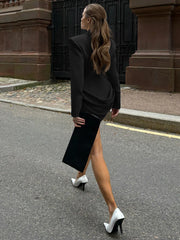 Hnewly Cutenew Elegant Office Dress Women Lapel Irregular Hem Full Sleeve Skinny Solid Simple Classic Autumn Trend Commute Mini Bodycon