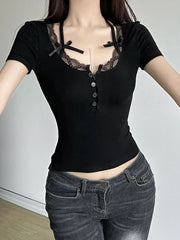 Hnewly Neck Lace Trim Bow Cute Black Y2K T-Shirt Women Button Up Slim Short Sleeve White Tees Sweet Balletcore Clothing