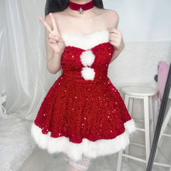 Hnewly Christmas Costumes Christmas Dress Up Glitter Adult Christmas Clothes Strapless Clothing Set Halloween Carnival Outfit