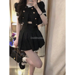 Hnewly 2025 summer inspo Korea Japanese Summer New Black Jk Uniform Girl Double Breasted A-line Pleated Skirt Set Improved School Uniform Set