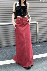 Hnewly Women's Red Split Back Denim Skirt Summer Chic Design Street Style Solid Color Female Straight Floor Length Long Skirts