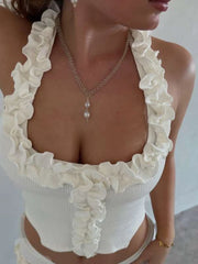 Hnewly Ribbed Casual 2 Piece Set Women Ruffles Square Collar Backless Tank Tops+Skinny Shorts Versatile Style Trend Outfits