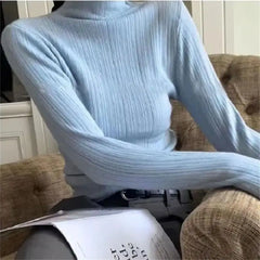 Hnewly Woman Fashion Casual Half High Collar Long Sleeve T-shirt Female Skinny Bottoming Shirt Autumn Ribbed Top Y2K Chic Clothes
