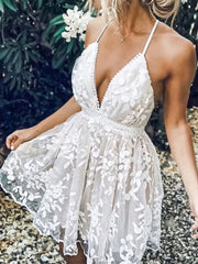 Hnewly Fashion White Lace Flower Mini Dress Women Summer Sleeveless V Neck Backless Bandage Dress Beach Club Sexy Dresses Vestidos