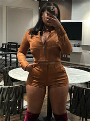 Hnewly Cutenew Hipster Flocking 2-Piece Set Women Chic Button Zip Full Sleeve Jacket+Pocket Shorts Matching Hottie Punk Club Streetwear