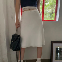 Hnewly Elegant White Women Satin Skirt Fairycore Ruffle Mid Skirts Coquette A-line Basic Casual Korean Style Summer Silk Skirt