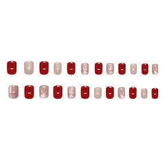 Lunivop 24pcs Self-adhesive Coffin Press on Nails Summer Red Ribbon Short Sweet False Nails Cat Eye Cheap Nail Tips Glued Nails Set