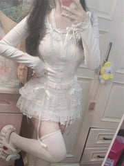 Hnewly Sweet Kawaii Skirts Women Lolita Coquette Lace Bow Patchwork Mini Skirt White High Waist Cute Summer A-line Short Skirt