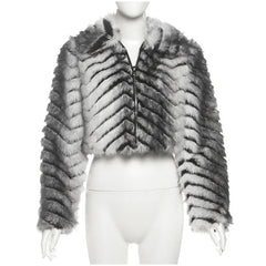 Hnewly Street Faux Fur Short Women Jacket Urban Lapel Striped Long Sleeve Zippers Female Outwear Autumn Winter Chic Lady Coat New