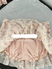 Hnewly DRESS TO IMPRESS Sexy Cozy 2000s Aesthetic Outfits 2 Piece Skirt Set Pink Lace T-Shirts Puff Sleeve + Floral A-Line Skirt Korean Bohemian Sweet