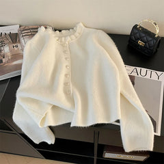 Hnewly Sweet Ruffles Women Cardigan Autumn New Solid Single-Breasted Crop Sweater Korean Fashion Simple Elegant Knit Coats Mujer