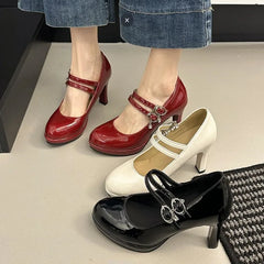 Lunivop Designer Luxury Patent Leather Thick Heel Women Mary Jane Shoes Fashion Belt Buckle Shoes Ladies Elegant Dress Dancing Pumps