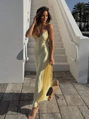 Hnewly Fashion Solid Stain Sling Maxi Vestido Chic Sleeveless Backless V Neck Off Shoulder Slim Dress 2025 New Summer Lady Evening Wear