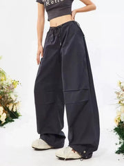 Hnewly Y2K Vintage Drawstring Parachute Pants Women Hip Hop Loose Streetwear Cargo Pants American Low Waist Hot Girls Wide Leg Trousers