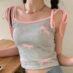 Hnewly Y2K Chic Bow Print Camisole Summer New Korean Women's Slim Short Strap Tank Top with Fashionable Color Mix