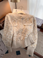 Hnewly Luxury Pearl Button Sweater Women O-Neck Long Sleeve Cardigan Coat Single Breasted Warm Jacket Casual All-Matched Knitwear Top