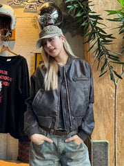 Hnewly Y2K American Pu Leather Women Jacket Y2K Brown Vintage Long Sleeve Stand Collar Crop Coats Hip Hop Streetwear Zipper Outerwear