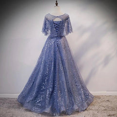 Hnewly Charming O-Neck Flounce Beaded Short Sleeves Evening Dress A-Line Floor Length Tulle Lace Up Custom Made Prom Dress