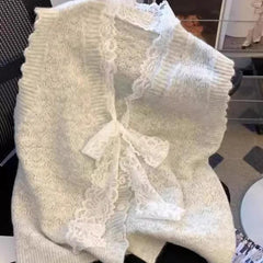 Hnewly Elegant Lace Bow Sweater Vest Women's 2025 New Spring Autumn Sleeveless V-neck Knitted Pullover Korean Version Versatile Top