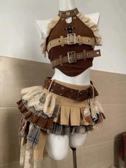 Hnewly Summer New Patchwork 2-piece Set Women Design Y2k Sexy Slim Off Shoulder Tops + Vintage High-waist Lace Irregular Skirt Set