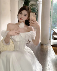 Hnewly French Vintage White Strapless Midi Dresses for Women 2024 Summer New Elegant Party Sleeveless Slim Evening Prom Female Clothing